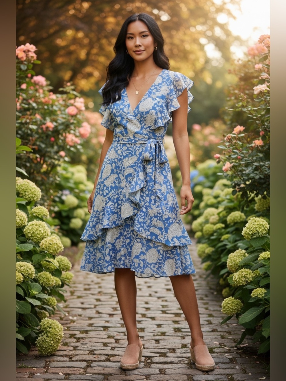 Tommy Hilfiger Blue Floral Wrap Midi Dress with Ruffle Detail